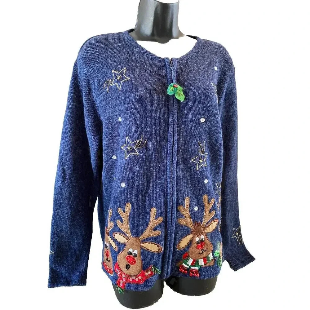 Vintage Ms Lee Christmas Sweater Cardigan Women's Large Embroidered Reindeer